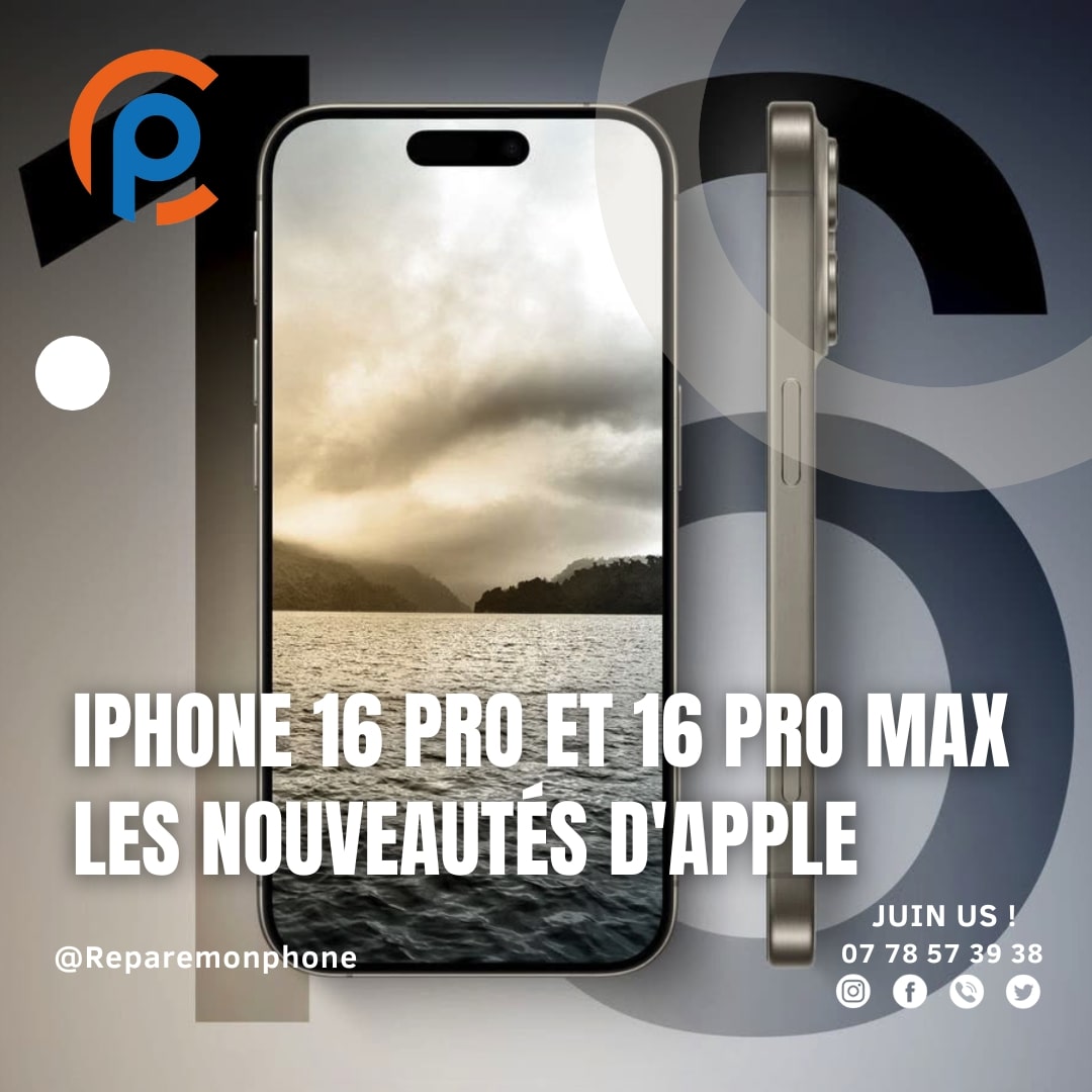 Un iPhone 16 Pro Max noir est posé sur un lac. Le texte sur l'écran indique "IPHONE 16 PRO MAX - LES NOUVEAUTÉS D'APPLE - JUILLET 2024"