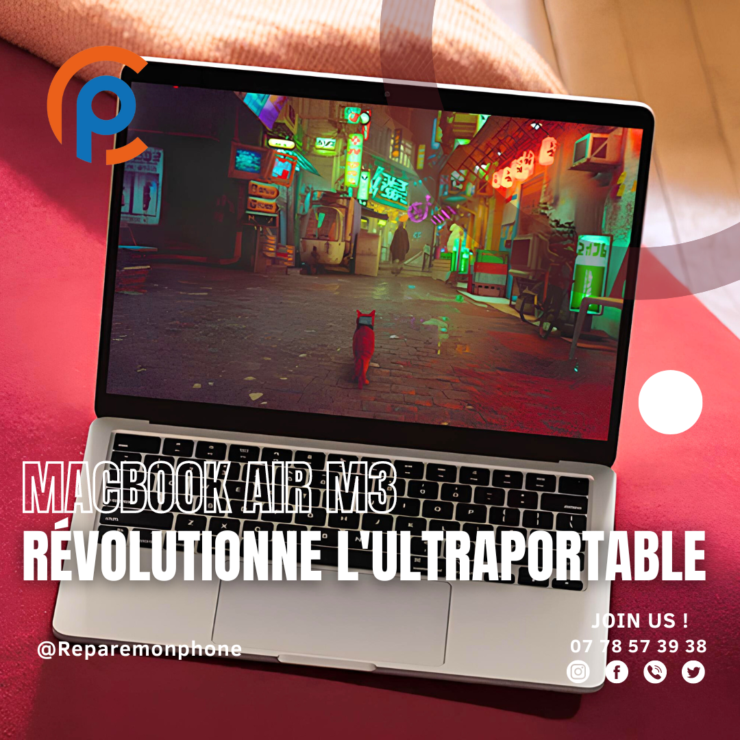 L'image montre un ordinateur portable MacBook Air M3 sur un canapé rouge dans un salon moderne. L'écran de l'ordinateur portable est visible et affiche une page Web. Le logo Apple est visible sur le couvercle de l'ordinateur portable.