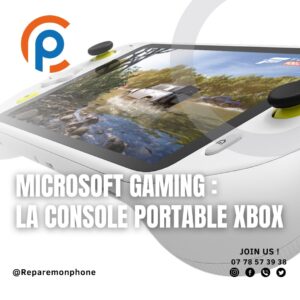 Une console portable Xbox noire avec des accents verts et un écran tactile. Le logo Xbox est visible en haut de la console