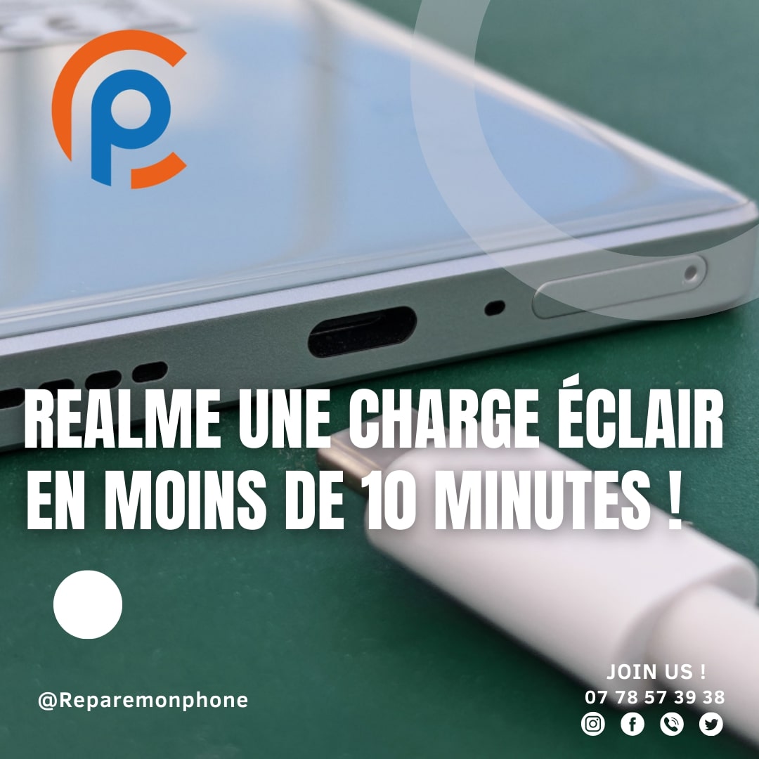 Un smartphone Realme branché sur un chargeur, avec le texte 'Realme Une charge éclair en moins de 10 minutes